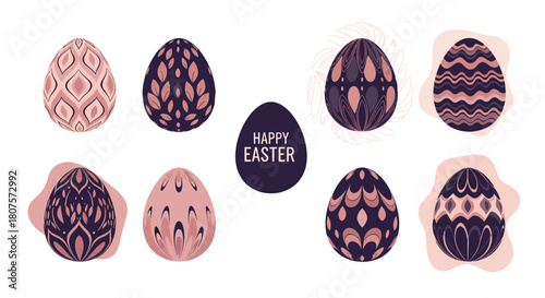 Beautifully decorated collection of various traditional Easter eggs with a "Happy Easter" message.