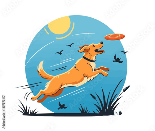 Happy golden dog jumping for frisbee in sunny park illustration