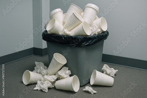 Office Garbage Can Full of Used Paper Cups and Trash. Overflowing Trash. AI Generative.