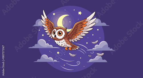Adorable Cartoon Owl Flying Under a Crescent Moon and Stars at Night
