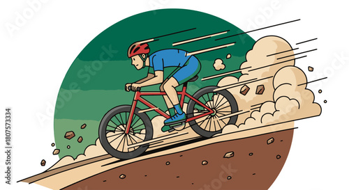 Cartoon Mountain Biker Speeds Downhill on Dirt Trail Kicking Up Dust