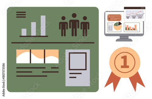 Data charts, team figures, and monitor showing analytics visuals alongside a first-place badge. Ideal for business, analytics, teamwork, productivity, digital marketing, achievements and success