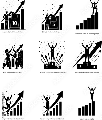 Business achievement silhouette set featuring podium wins, growth charts, upward arrows, and celebration poses.