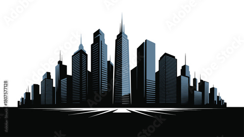 Cityscape silhouette with skyscrapers against white background urban skyline scene