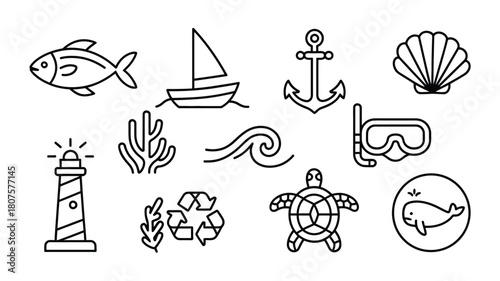 Collection of black and white ocean themed icons for designs
