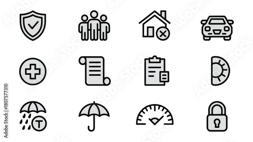 Collection of insurance and protection icons representing safety and security