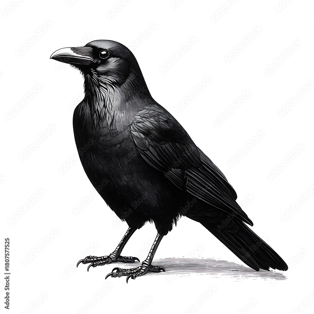 Fototapeta premium Detailed photo Black Crow Standing on White Background with Shadow raven bird