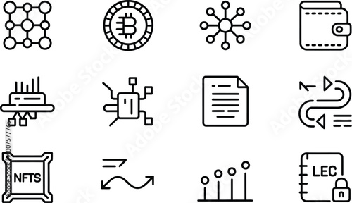 Cryptocurrency and blockchain concept icons set on a clean white background