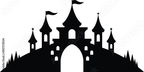 Enchanted fairy tale castle silhouette with towers flags and spires