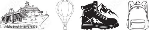 Vector Line Art and Silhouette Icons of Travel and Adventure