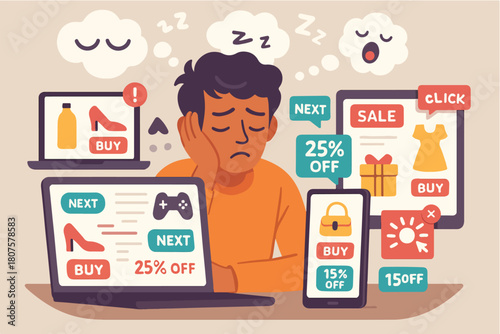 Psychology of Consumer Overload — Decision Fatigue Vector Illustration