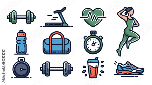 Fitness and workout vector icon set for healthy lifestyle elements