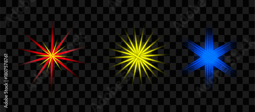 Vibrant Set of Geometric Light Flares in Red Yellow and Blue Colors Against a Dark Transparent Background Creates a Dynamic and Eye Catching Visual Effect Perfect for Adding Excitement