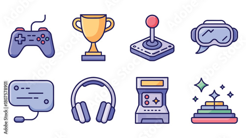 Gaming concept with controller trophy vr headset and arcade machine