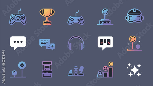 Gaming Elements Icon Set Gradient Style on dark background design