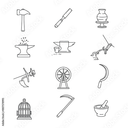 Line art icons of various tools hammer chisel pottery wheel anvil blacksmith plow water sickle scythe birdcage mortar pestle