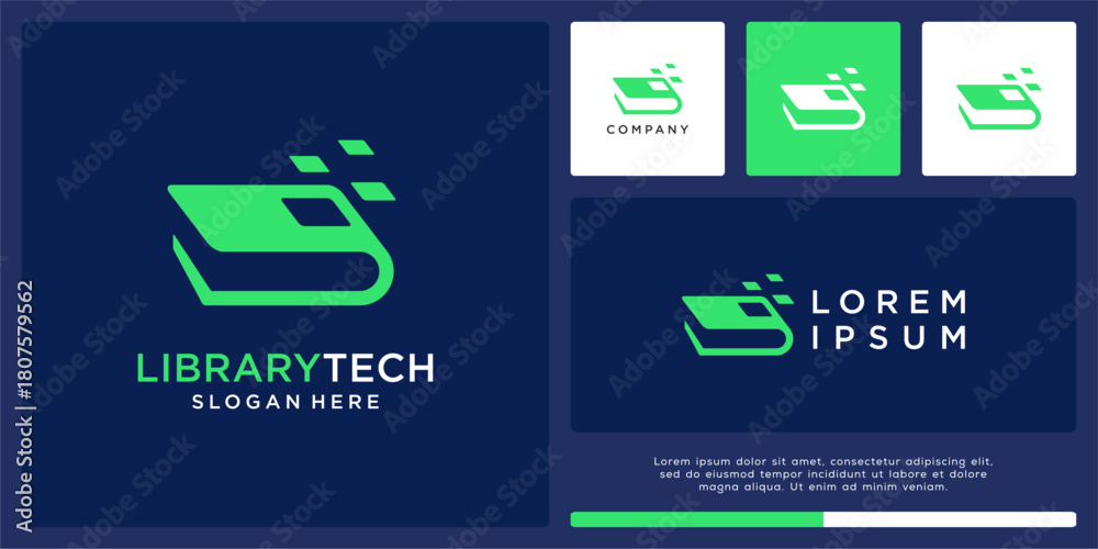 Fototapeta premium Library tech logo design with abstract book
