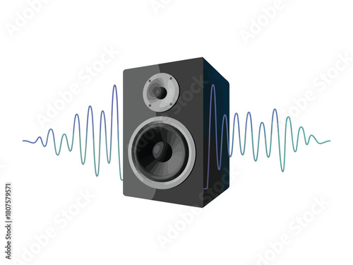 Loudspeaker with sound waves emanating on white background for music production