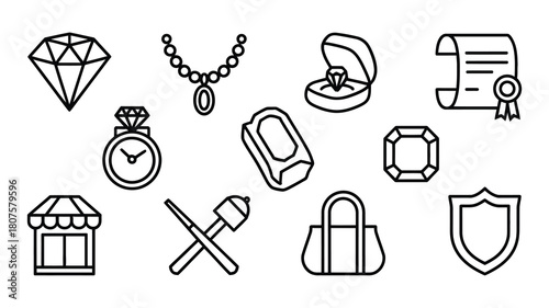 Luxury Jewelry and Precious Gemstones Line Art Vector Illustration Set
