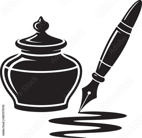Vintage inkwell and quill pen with ink splatter illustration