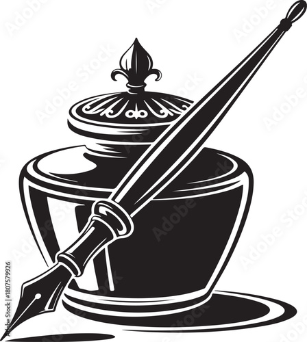 Classic inkwell and quill pen illustration for writing and history