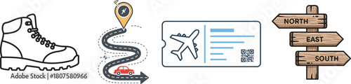 Set of Travel and Navigation Icons on White Background