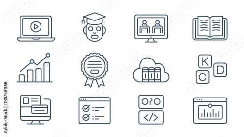 Online education and e learning vector icon set in thin line style