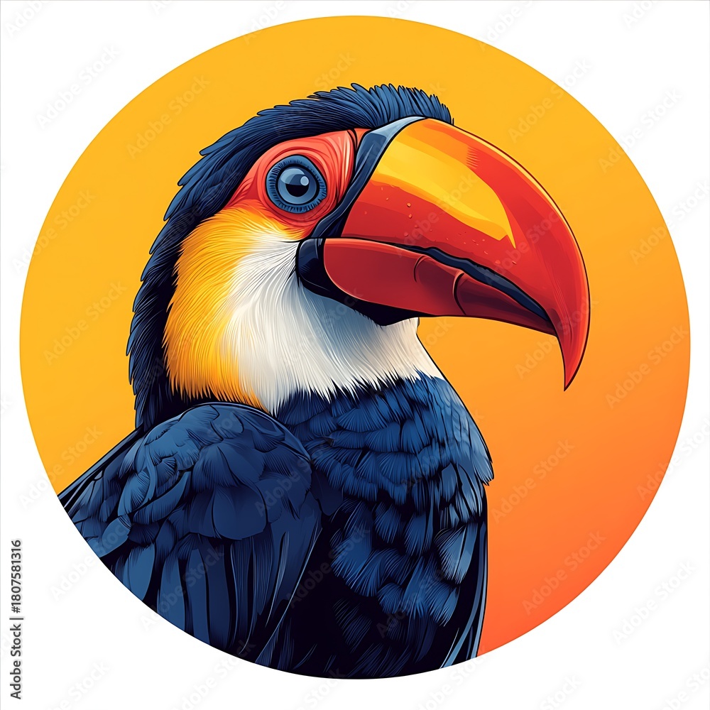 Obraz premium Detailed Toucan Head and Neck in a Yellow Circle bird tropical photo