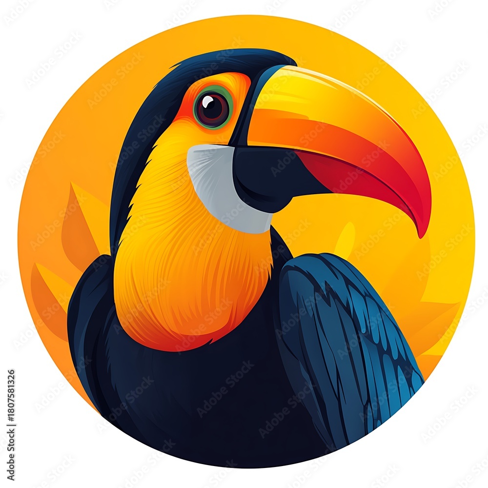 Obraz premium Detailed Toucan Illustration With Orange Beak And Yellow Chest Keywords: toucan, bird, photo