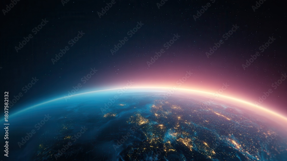 Obraz premium Explore the Mesmerizing View of Earth at Night Illuminated by City Lights in a Cosmic Setting