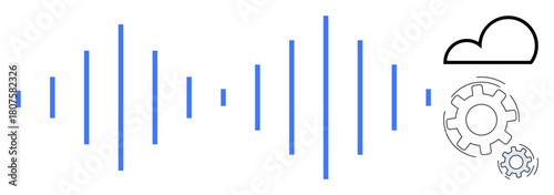 Blue audio waveforms leading to a cloud outline and interlocking gears. Ideal for technology, automation, cloud computing, machine learning, sound engineering, innovation, digital solutions. Minimal
