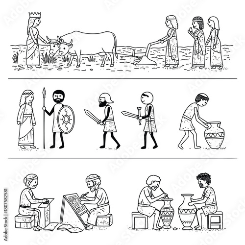 Ancient Civilization Line Art Illustration historical culture society agriculture farming warfare soldiers craftsmanship pottery