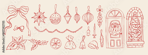 Hand-drawn Christmas elements set with bows, ornaments, holly, garlands, bells, candles, door and window illustrations in simple red outline on a beige background