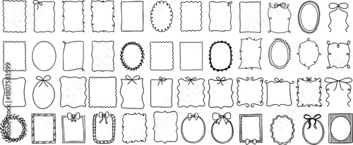 Large set of hand-drawn decorative frames with bows, scallops, ovals, and wreath outlines in simple black line style, perfect for cards, labels, and designs on transparent background