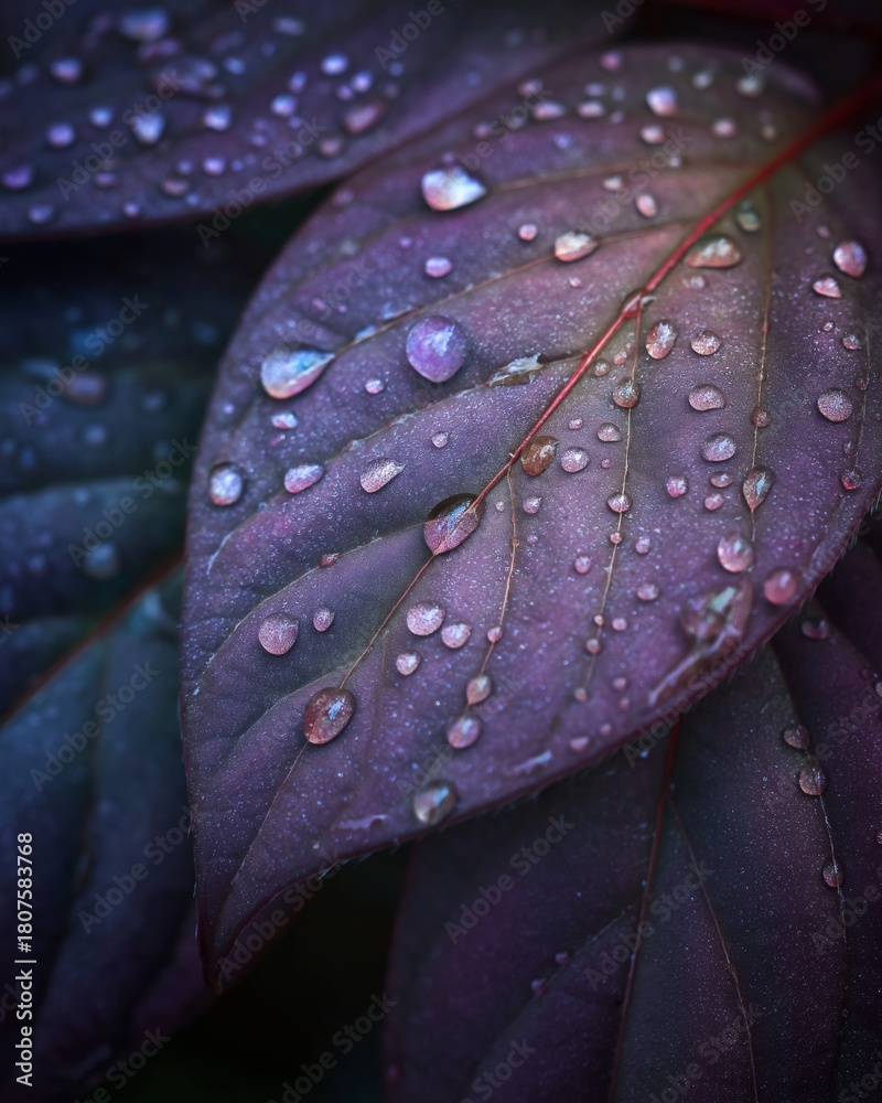 Fototapeta premium Dew drops on a purple leaf, nature's tears glistening in the soft light.