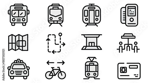 Public transportation vector line icons set collection for travel options