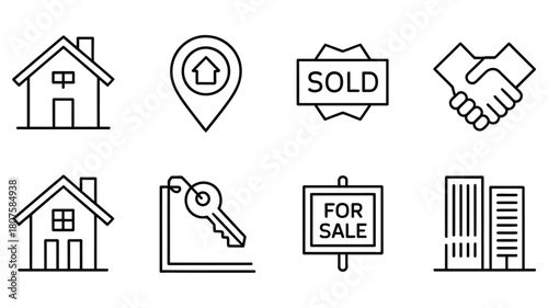 Real estate icon set with house key sold and handshake symbols