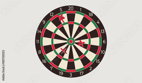 Vector illustration of a dartboard with darts isolated on white background. Classic target with bullseye and numbered segments. For sports, games, entertainment, and recreational design projects.
