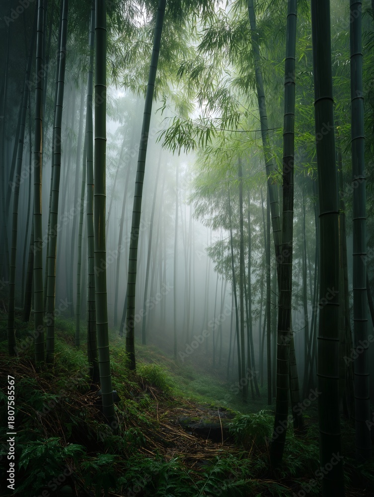 Naklejka premium Mystical bamboo forest shrouded in mist creates a serene atmosphere.