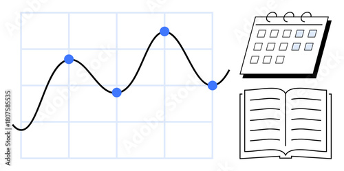 Line graph with plotted points, calendar for scheduling, and open book for research. Ideal for data tracking, time management, planning, research insights, education, progress evaluation simple flat