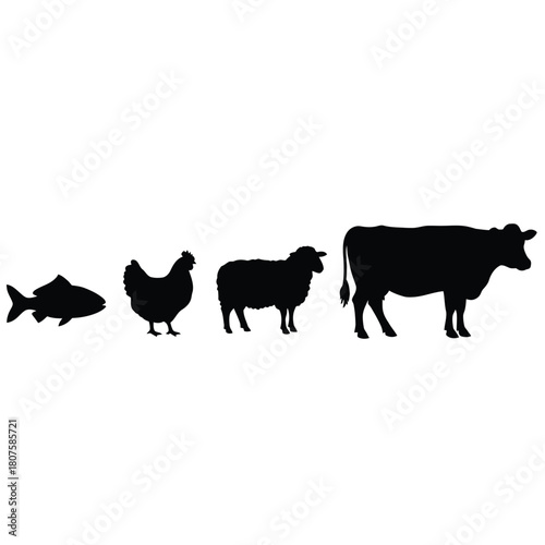 Farm Animals Silhouettes fish chicken sheep cow livestock black white poultry mammal aquatic agriculture domestic food meat