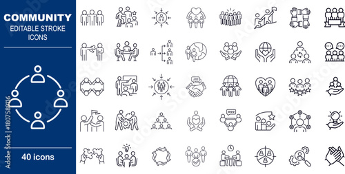 Community and Teamwork Collaboration Vector Icons. Set of 40 editable stroke symbols for networking, groups, and social connection. Includes teams, meetings, and shared goals