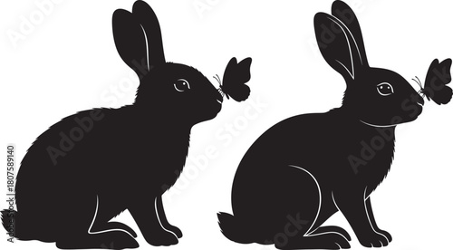 Two black rabbit silhouettes with delicate butterflies fluttering nearby