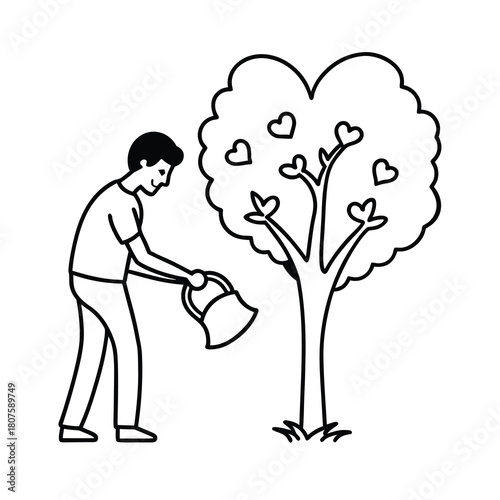 Silhouette vector illustration of a loving couple and tree design with a pink heart decoration for a nature-themed wedding card