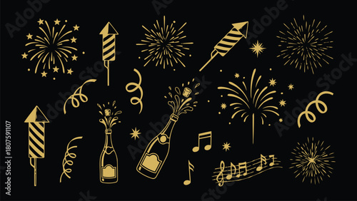 Golden Celebration Elements on Black Background