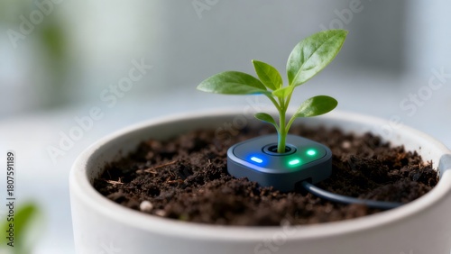 A miniature plant pot with IoT sensors and glowing indicators, blending nature and technology in a tiny diorama setup
