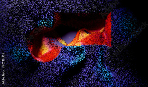 3d render of abstract art with purple surface field with purple dark particles small spheres balls emission in shape of number 01 in red yellow and dark purple mix color