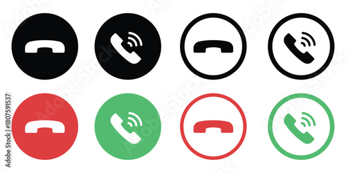 Call Answer and End Icon Vector Set. Ringing Phone and Hang Up Handset Symbols in Circle Buttons for Telecommunication and User Interface