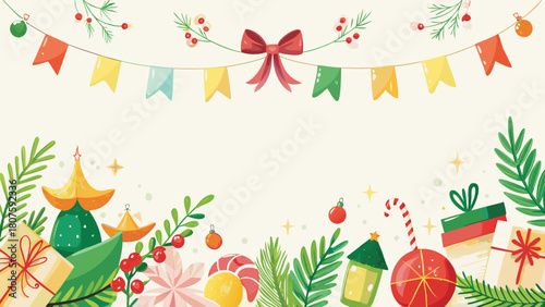 A festive Christmas border featuring snowflakes and colorful gifts, creating a cheerful holiday atmosphere..eps