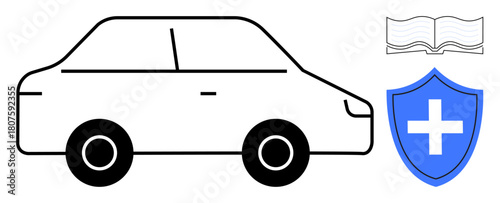 Black car outline with a blue shield featuring a health cross and an open book symbolizing safety, protection, knowledge, health, and insurance. Ideal for education, driving, safety awareness